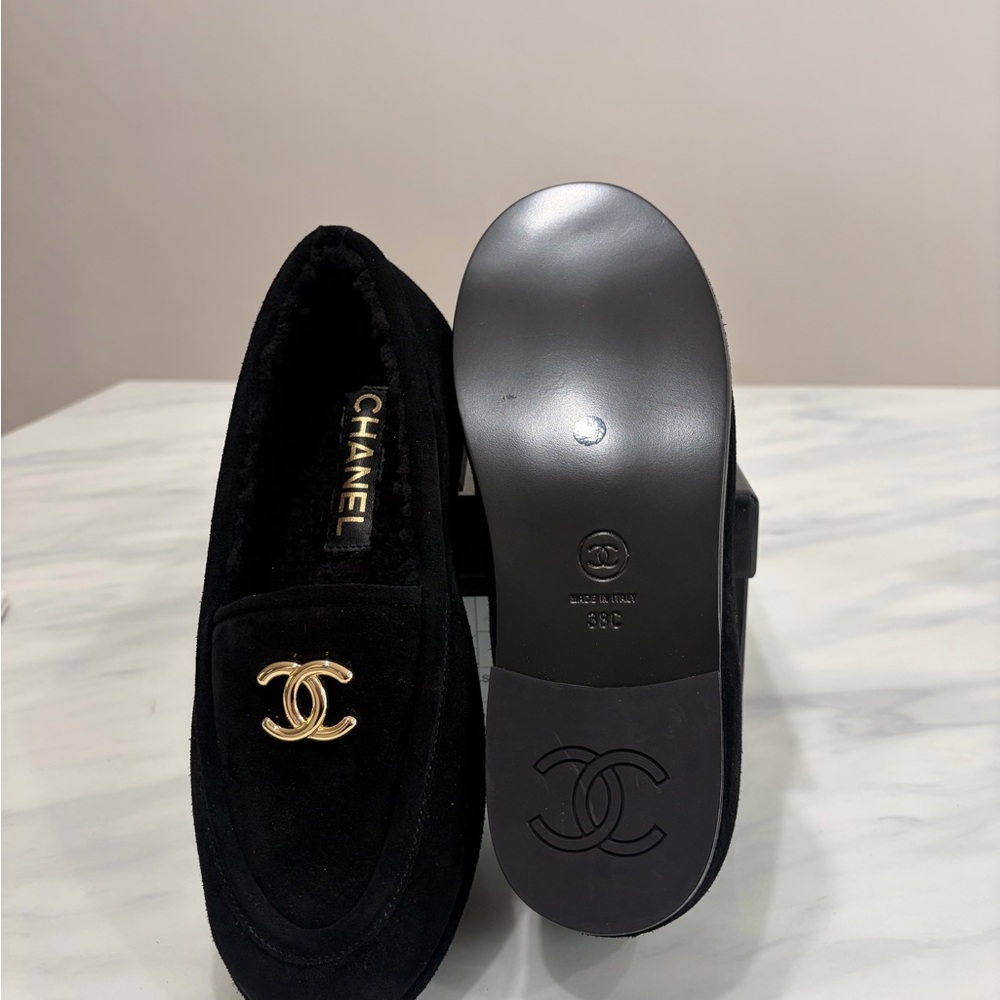 CHANEL Black Suede Loafers with Gold CC Emblem - Picture 8 of 8